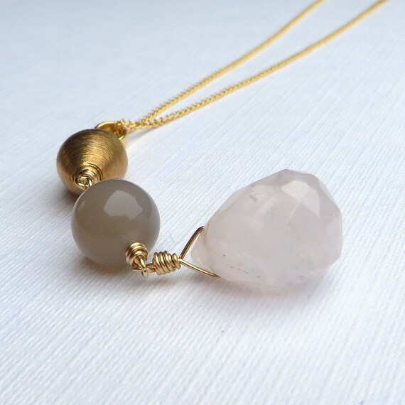 Rose Quartz Necklace, 14k Gold Rose Quartz Wire Wrapped Pendant, Layering Rose Quartz Necklace, Rose Quartz Grey Moonstone Necklace