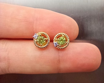 Peridot Gemstone Halo Post Earrings Gold Plated Sterling Silver, Peridot Halo Earrings, Peridot Stud Earrings, August Birthstone