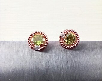 Peridot Gemstone Halo Post Earrings Rose Gold Plated Sterling Silver, Peridot Halo Earrings, Peridot Stud Earrings, August Birthstone