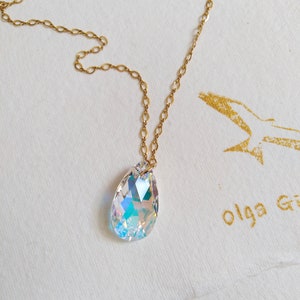 Large Crystal 14k Gold Filled Chain Necklace, Swarovski® Elements Aurora Borealis Crystal Gold Necklace, AB Crystal Teardrop Necklace image 3