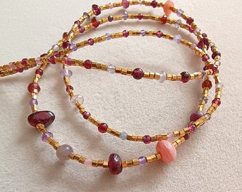 Wonky gems necklace, pink purple red multi gemstone beaded necklace in gold, layering style, choker style, natural gemstone mix necklace
