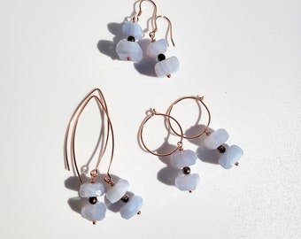 Blue Lace Agate Rose Gold Silver Earrings, Natural Untreated Ysterputs Namibia Blue Lace Agate, Blue Lace Agate Rose Gold Sterling Earrings