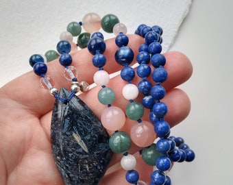 Luxe 108 bead mala Blue Lapis Lazuli, Pink Kunzite, Pink Salt Source Agate, Green Guatemalan Jadeite, Rock Crystal, Kyanite, Pietersite