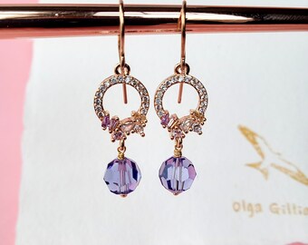 Blush earrings, blush pink Tanzanite Zirconia earrings, Tanzanite bridal earrings, blush pink bridesmaid gift, Tanzanite Crystal earrings
