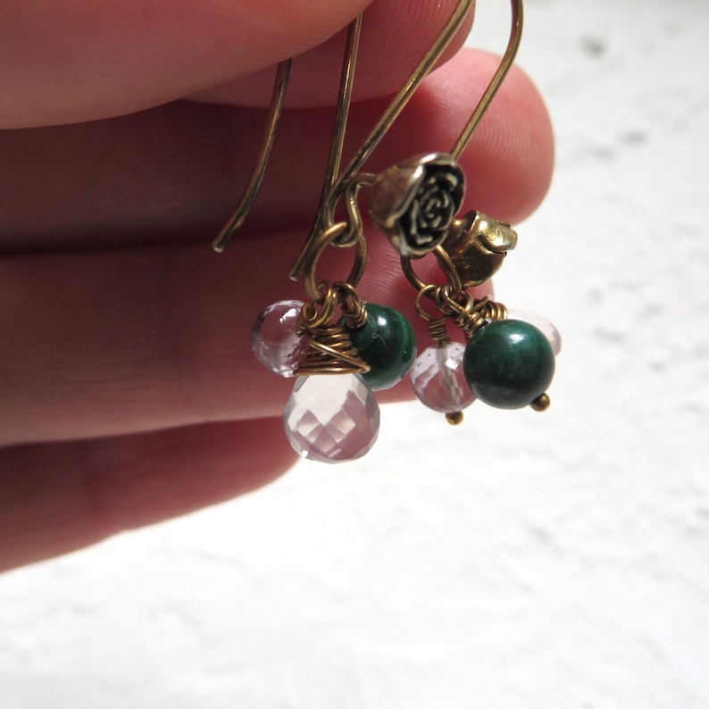Rose Quartz Amethyst and Malachite Gold Earrings Rambling Rose Earrings