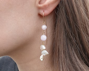 Pink Kunzite and Pearl earrings in 14k gold fill, Kunzite and freshwater pearl earrings, real pink pearl earrings, pink pearl earrings