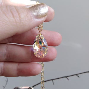 Large Crystal 14k Gold Filled Chain Necklace, Swarovski® Elements Aurora Borealis Crystal Gold Necklace, AB Crystal Teardrop Necklace image 2