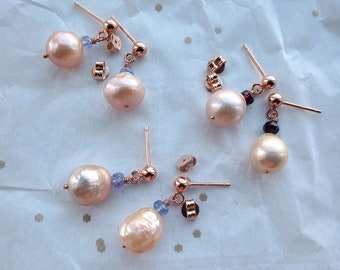 RARE Natural peach pink cultivated freshwater pearl earrings in rose gold silver, Kasumi like baroque pearl earrings, Tanzanite, Garnet