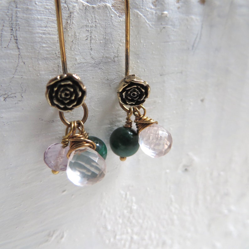 Rose Quartz Amethyst and Malachite Gold Earrings Rambling Rose Earrings