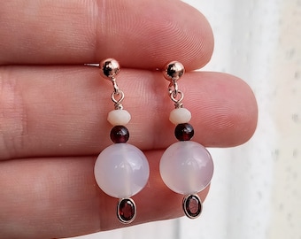 Rose gold silver earrings with White Onyx Garnet and Opal, Opal earrings, Garnet earrings, Branca Onyx, White Chalcedony, gift for her