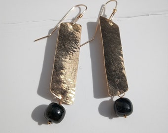 RARE Black Nephrite Jade gold brass earrings, black green Khotan Jade earrings, bronze earrings, brass earrings, long statement earrings