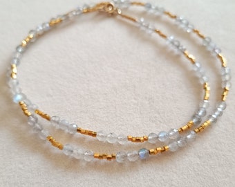 Labradorite beaded necklace, gold Labradorite necklace, blue flash Labradorite necklace, flashy Labradorite necklace, dainty beaded chocker