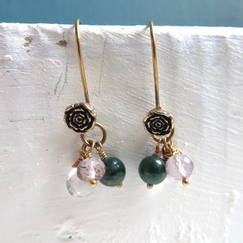 Rose Quartz Amethyst and Malachite Gold Earrings Rambling Rose Earrings
