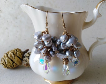 Grey Petal Pearls 14K Gold Filled Earrings, Keishi Pearl dangle earrings 14k, Special occasion pearl earrings, bridal pearl earrings