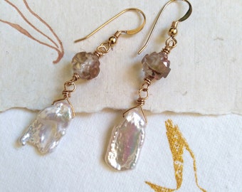 Baroque Pearl 14k Gold Filled Earrings, Art Deco Rose and Pearl Earrings, Keishi Pearl Earrings, June Birthstone 14k Gold Filled Earrings