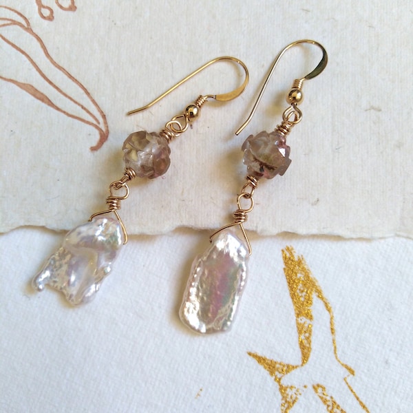 Baroque Pearl 14k Gold Filled Earrings, Art Deco Rose and Pearl Earrings, Keishi Pearl Earrings, June Birthstone 14k Gold Filled Earrings