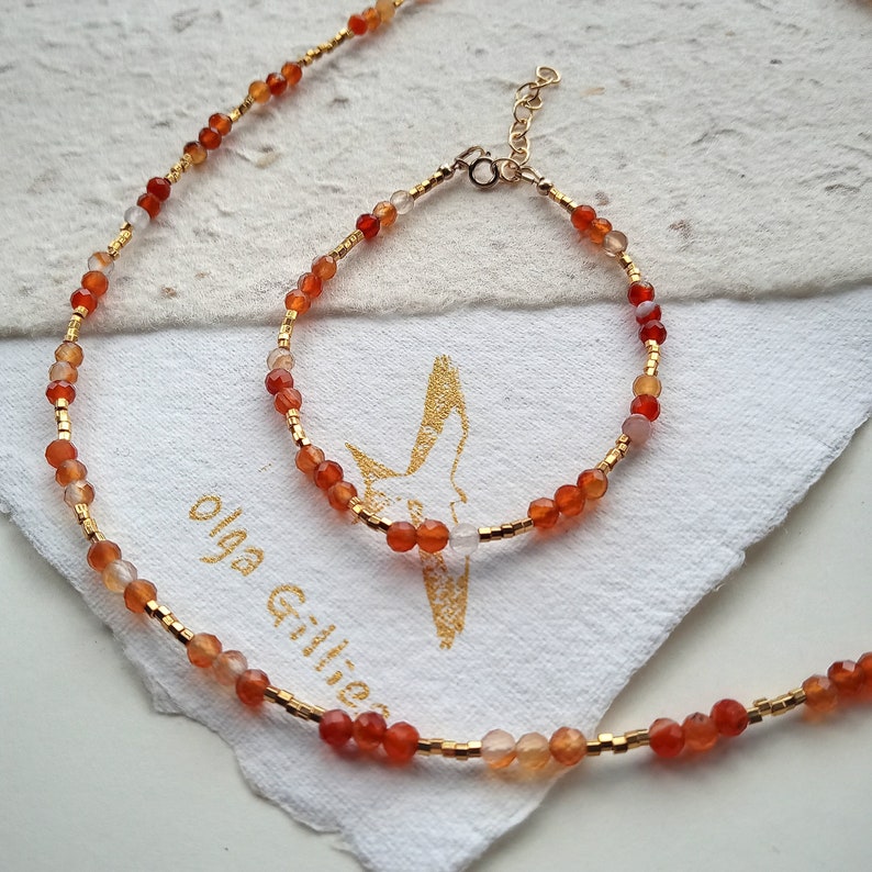 Carnelian beaded bracelet, 14K gold filled Carnelian bracelet, genuine Carnelian jewellery, women's Carnelian bracelet, Carnelian orange image 2