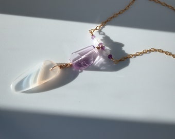 Rose de France Amethyst and Botswana Agate gemstone necklace in 14k gold filled with Moonstone, Botswana Agate necklace, Amethyst necklace