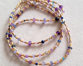 Wonky gems necklace, pink purple blue lavender gemstone beaded necklace in gold, layering style, choker style, natural gemstone mix necklace