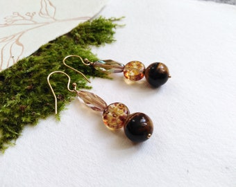 Tiger Eye 14k Gold Fill Dangle Earrings, Tiger Eye Gold Dangle Earrings, Savanna Earrings, Earthy Earrings, Wild Cat Theme Gold Earrings