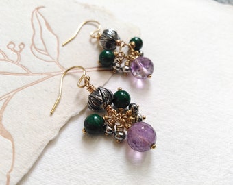 Amethyst and Malachite Natural Gemstone Karen Hill Tribe Artisan Silver Botanical Earrings