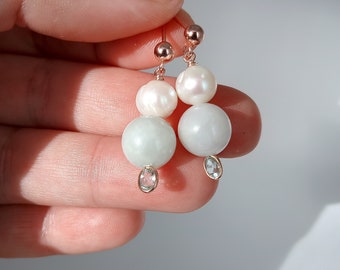 Type A White Jadeite Jade and white freshwater Pearl earrings in rose gold silver, white Jadeite earrings, real pearl earrings in rose gold