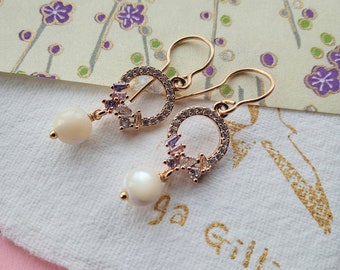 Blush earrings, blush pink dangle earrings, blush bridal earrings, blush pink bridesmaid gift, blush mother of pearl earrings, Gift for Her