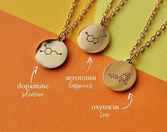 Gold Oxytocin Necklace, Dopamine Necklace, Serotonin Necklace, Chemistry Science Necklace, Chemical structure Jewelry, Mental Health Gift