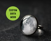 Custom Birth Moon Phase Ring - Personalised Glass Dome - Full Moon Ring Birthday Birthmoon Ring