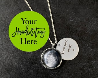 Handwriting Necklace with Custom Moon Phase, Personalized Actual Handwritten Necklace, Personalized Hand writing Necklace, Engraved Jewelry