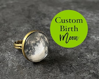 Anillo de fase lunar de nacimiento personalizado - Anillo lunar personalizado - Joyería de luna personalizada de bronce - Regalos de cumpleaños para ella - Anillo de luna llena ajustable