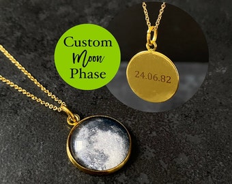 Custom Gold Birth Moon Phase Necklace, Custom Engraved moon, Gold Full Moon Necklace, Personalized Necklace, Custom Engraved Jewelry,