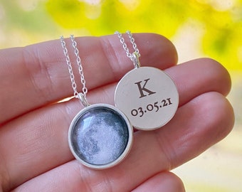 Custom Moon Necklace Engraved Back, Custom Birth moon phase, Tiny Moon Necklace, Personalized Engraved Necklace, Anniversary Gift for her