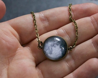 Custom Moon Necklace Bronze - Choice of moon phase - Glass Dome full moon phase pendant Statement Necklace