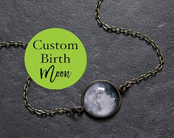 Birth Moon Necklace Bronze - Personalised Birthmoon Pendant - Custom Glass Dome full moon Necklace Birthday Birthstone