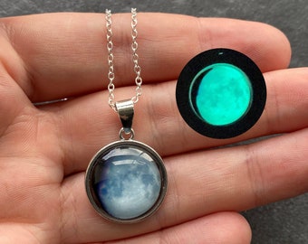 Glow In The Dark Moon Necklace Custom Glowing Moon Pendant Glow in the dark moon Gift for her Glow moon Anniversary gift for him