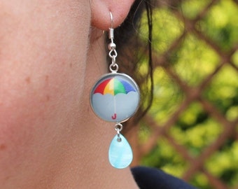 Sterling Silver Rainbow Umbrella Rain Drop Earrings- Glass Dome Cloud Silver Storm Rain Drop Earrings