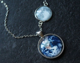 Moon and Earth Necklace - Glass Dome Full Moon Phase and Earth and Solar System Planet Necklace - Science Necklace