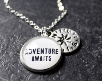 Adventure Awaits Necklace - Compass Necklace - Wanderlust Necklace - Adventure Pendant - Travel Necklace