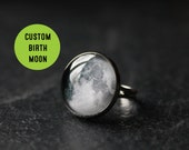 Custom Birth Moon Phase Ring - Personalised Glass Dome - Full Moon Ring Birthday Birthmoon Ring