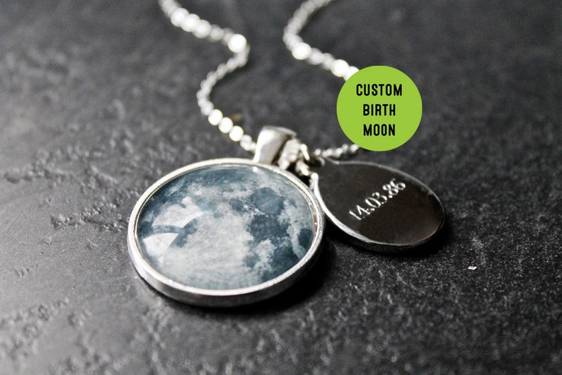 Personalised Birth Moon Necklace with Engraved Date Custom Glass Dome moon phase Necklace Birthday solar system