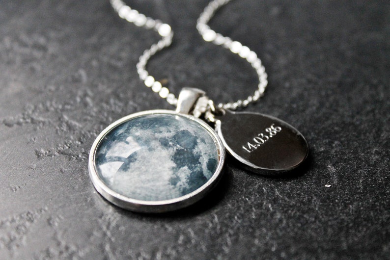 Personalised Birth Moon Necklace with Engraved Date Custom Glass Dome moon phase Necklace Birthday solar system