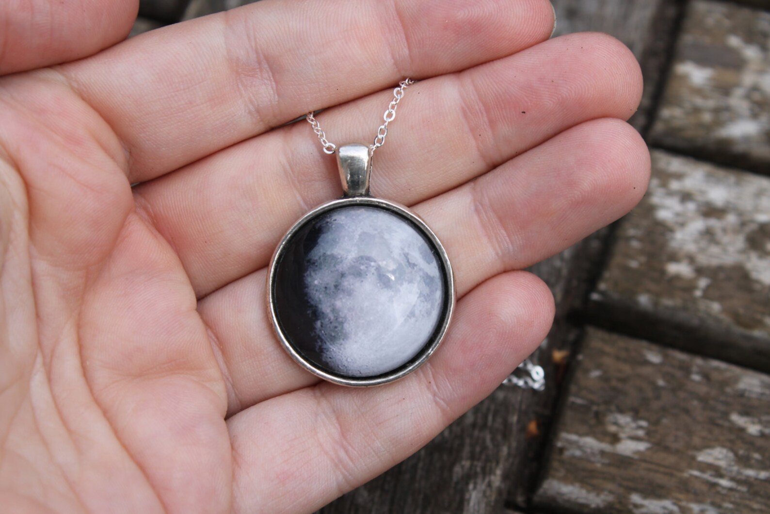 Moon Phase Necklace Waxing Gibbous Glass Dome Full Moon Etsy