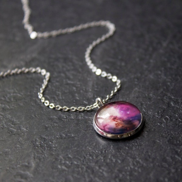 Tiny Purple Nebula Necklace -  Galaxy Pendant Pink Orion Constillation Glass Dome Necklace
