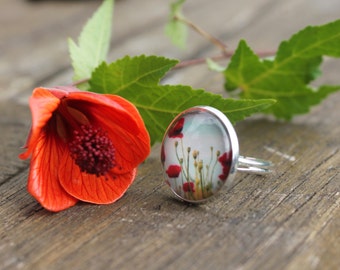 Poppy Ring - Floral fields of poppies Glass Dome flower Ring