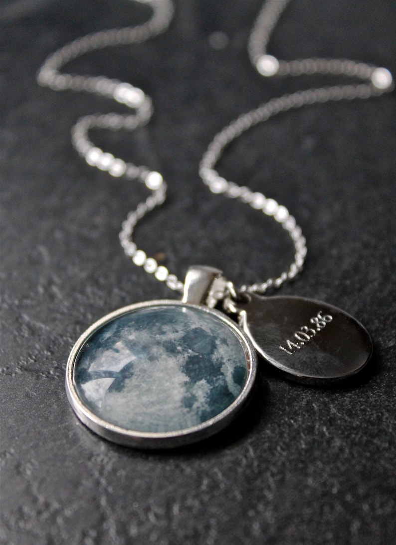 Personalised Birth Moon Necklace with Engraved Date Custom Glass Dome moon phase Necklace Birthday solar system