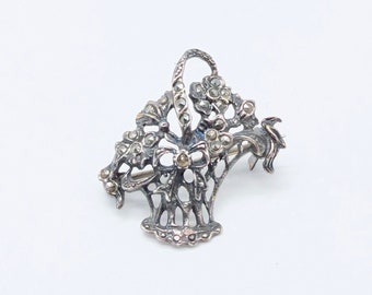 Antique Sterling Silver Floral Brooch with and Marcasite Stones, Silver Brooch