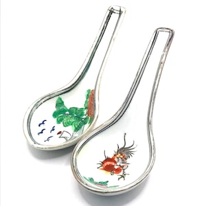 SET of vintage Oriental Porcelain Soup Spoons, Porcelain Spoon, Noodles Spoon, Porcelain from Macau, Oriental Porcelain