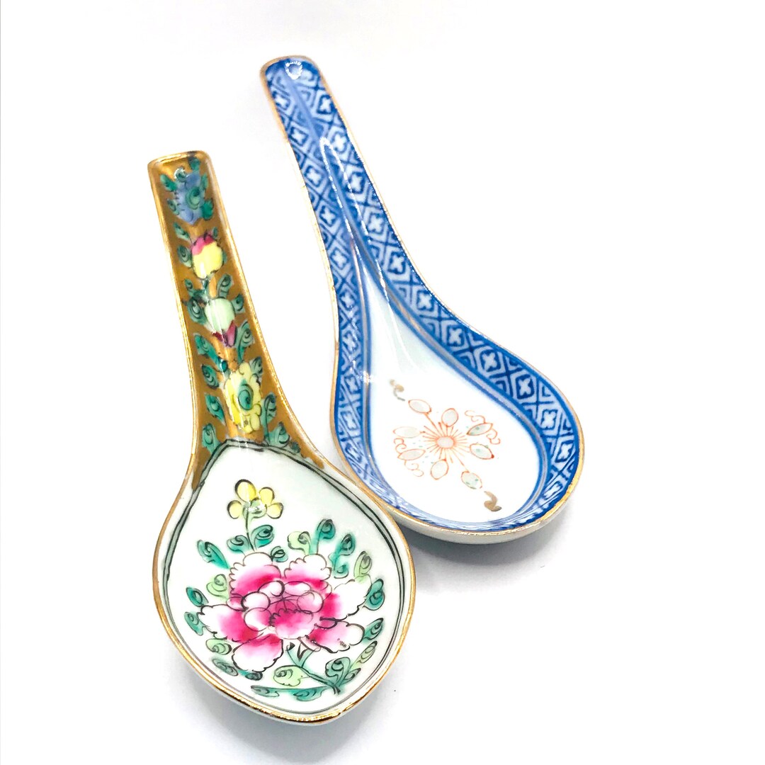 SET of Vintage Oriental Porcelain Soup Spoons, Porcelain Spoon, Noodles