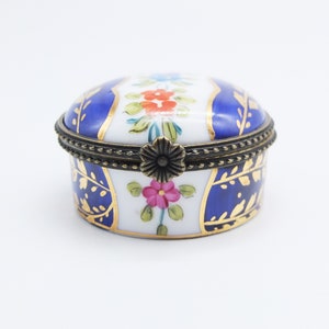 Vintage Porcelain Trinket Box: Floral Ring Box with Brass Details
